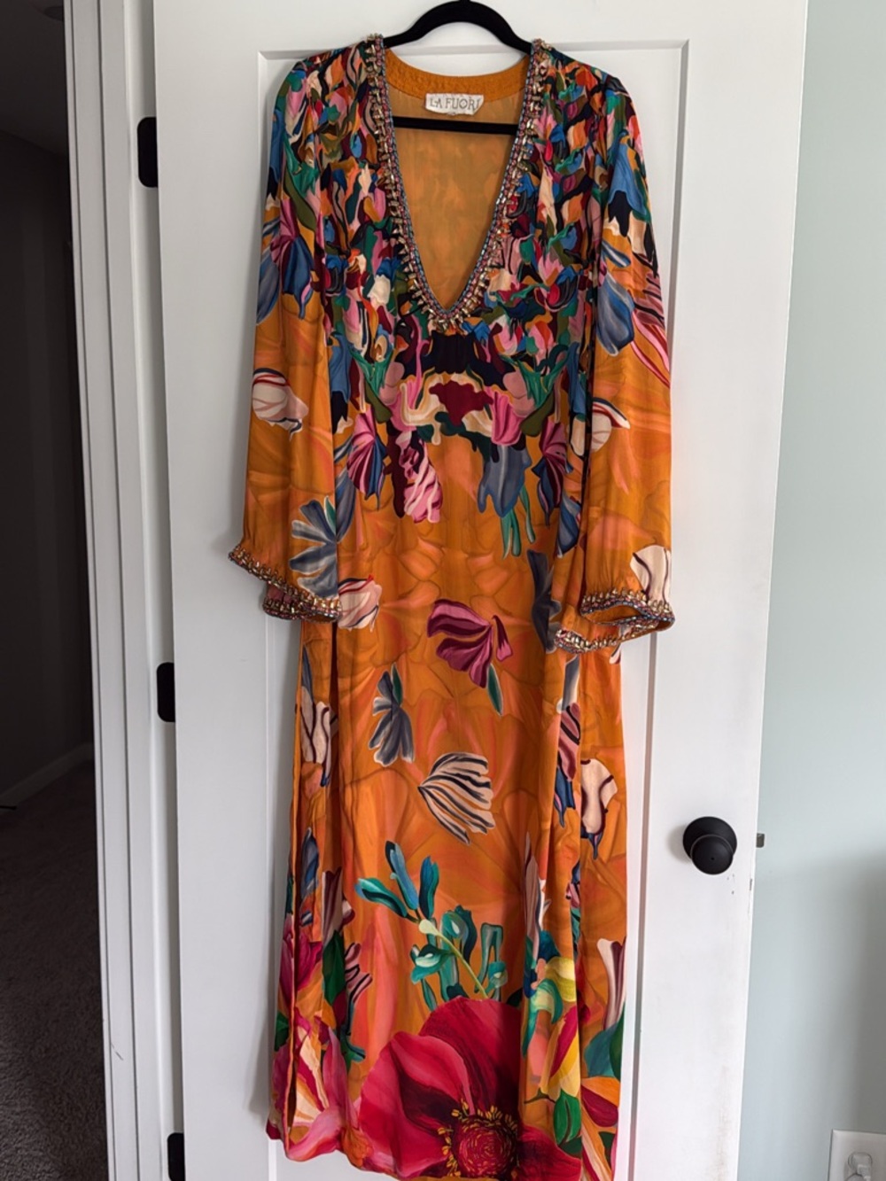 NWT La Fuori Small Beaded Orange Floral Silk Crepe Dress